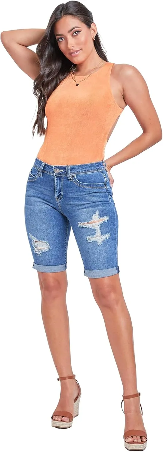 YMI Women's Junior Wannabettabutt Cuffed Rise Bermuda Mid Length Denim Shorts
