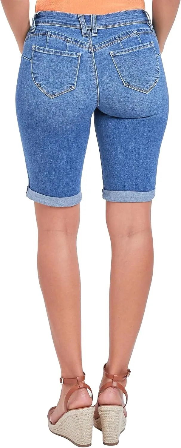 YMI Women's Junior Wannabettabutt Cuffed Rise Bermuda Mid Length Denim Shorts