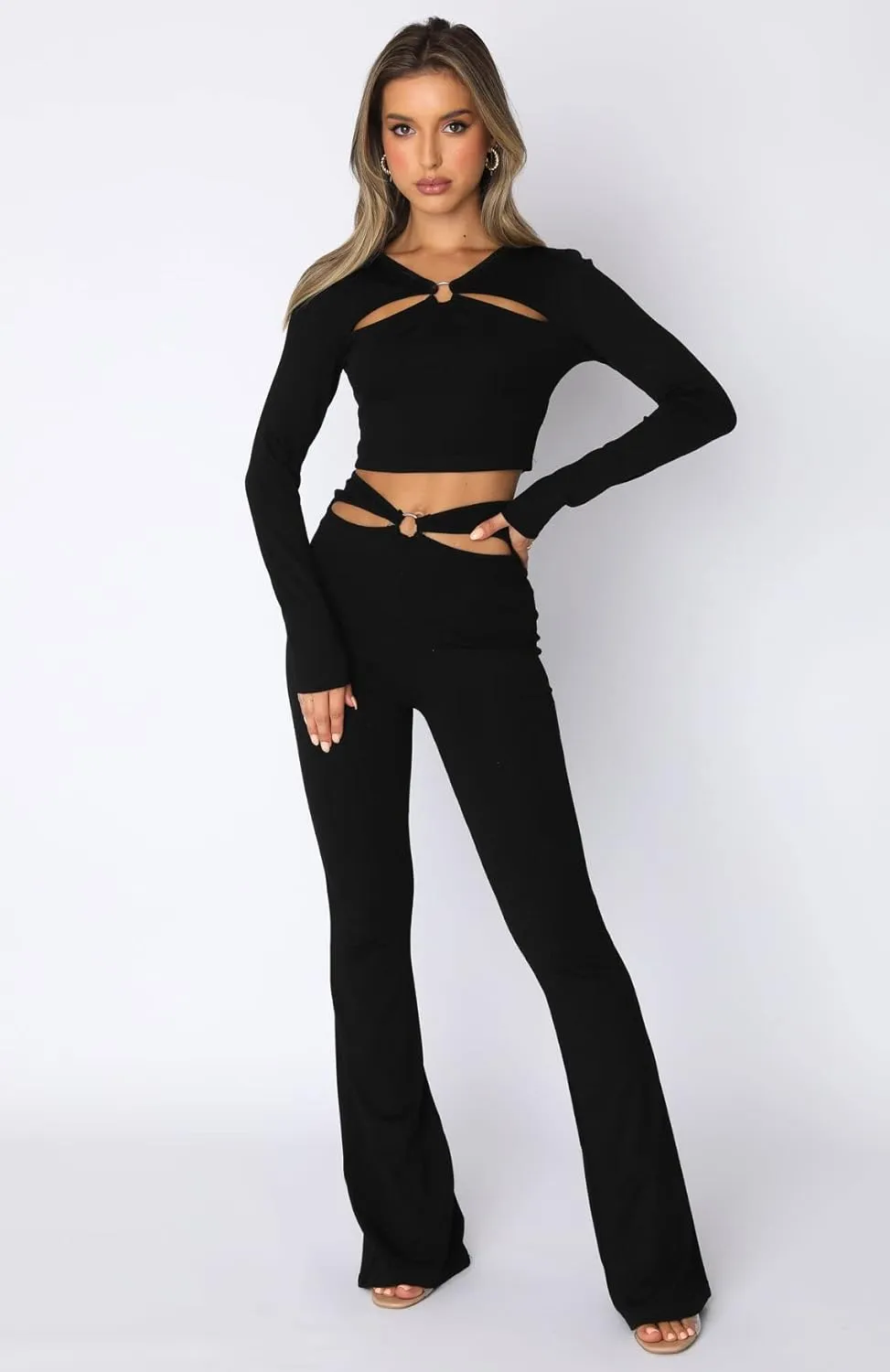 ZAFUL Women's High Waist Cut Out Ladder Bootcut Textured Flare Wide Leg Night Out Pants