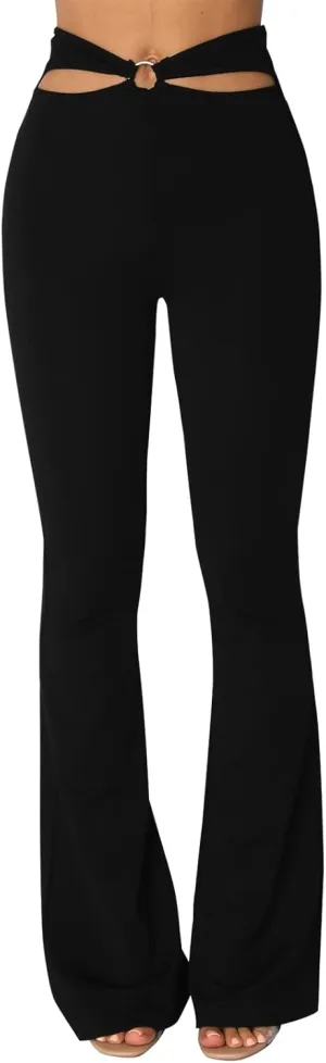 ZAFUL Women's High Waist Cut Out Ladder Bootcut Textured Flare Wide Leg Night Out Pants
