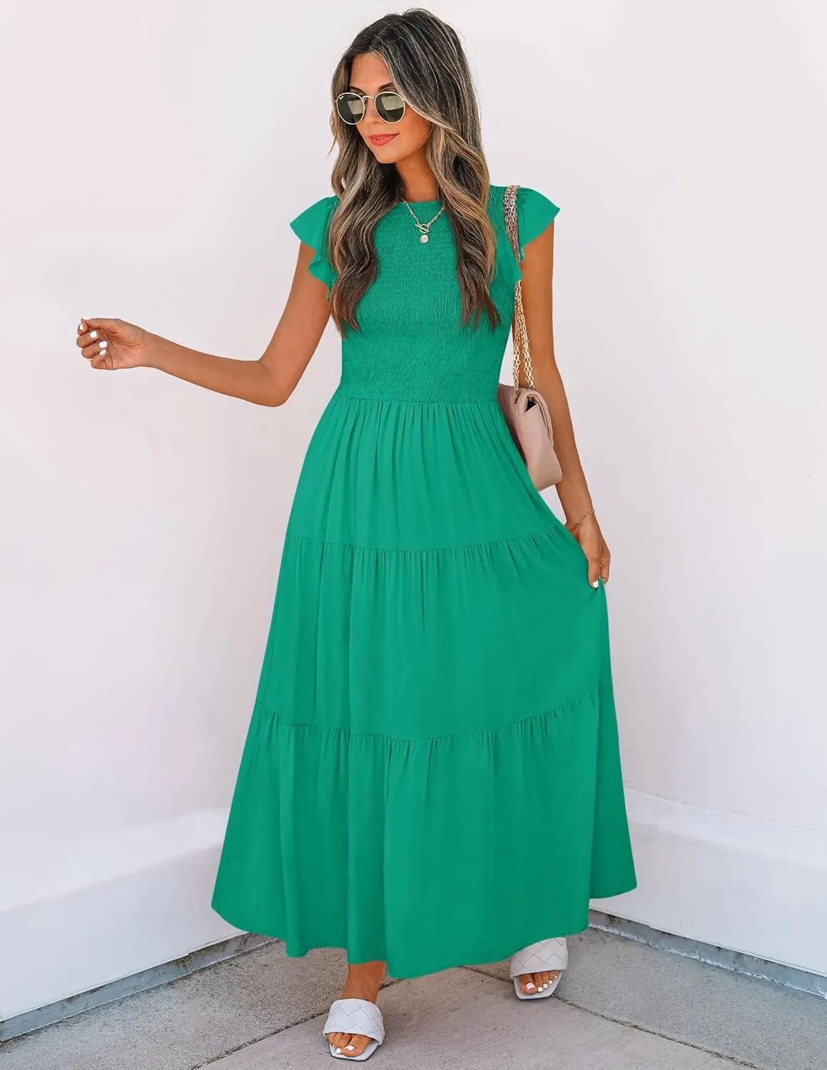 ZESICA Women's 2025 Summer Casual Flutter Short Sleeve Crew Neck Smocked Elastic Waist Tiered Midi Dress