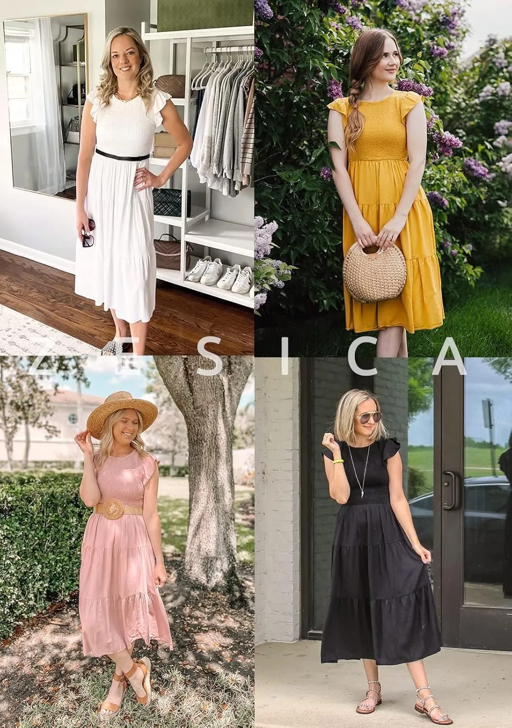 ZESICA Women's 2025 Summer Casual Flutter Short Sleeve Crew Neck Smocked Elastic Waist Tiered Midi Dress