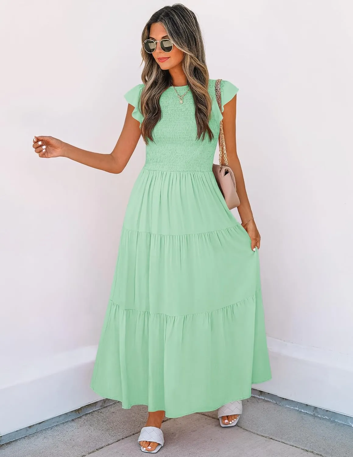 ZESICA Women's 2025 Summer Casual Flutter Short Sleeve Crew Neck Smocked Elastic Waist Tiered Midi Dress