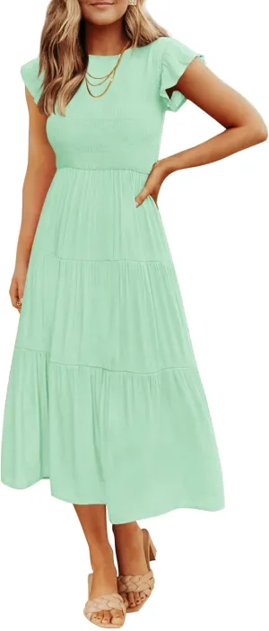 ZESICA Women's 2025 Summer Casual Flutter Short Sleeve Crew Neck Smocked Elastic Waist Tiered Midi Dress