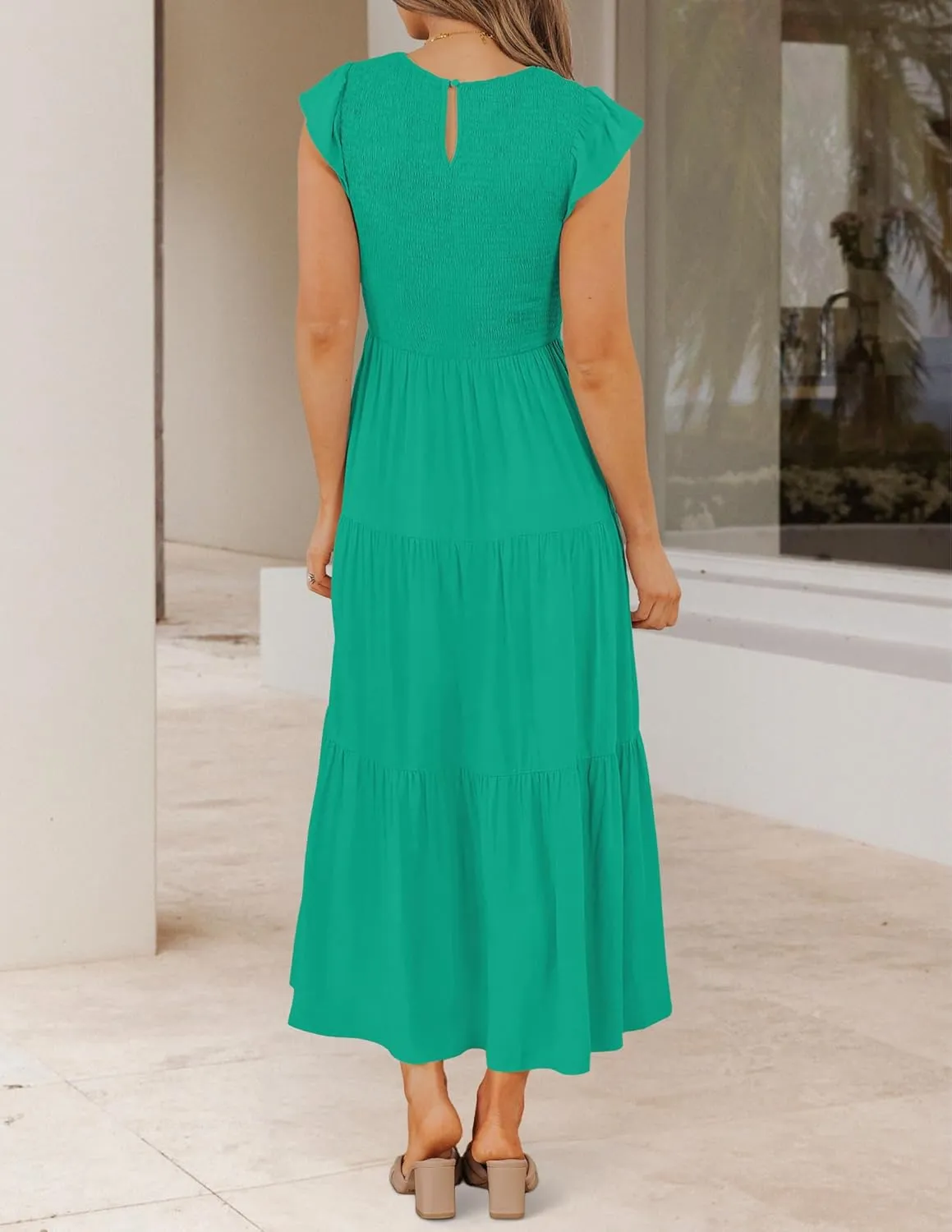 ZESICA Women's 2025 Summer Casual Flutter Short Sleeve Crew Neck Smocked Elastic Waist Tiered Midi Dress