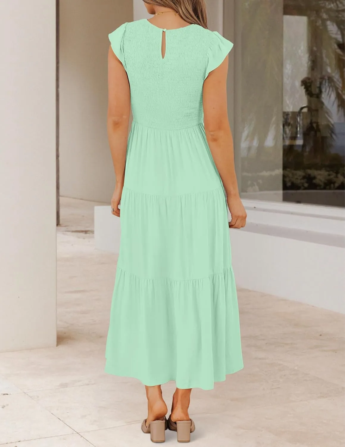 ZESICA Women's 2025 Summer Casual Flutter Short Sleeve Crew Neck Smocked Elastic Waist Tiered Midi Dress