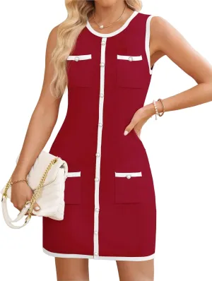 ZESICA Women's 2025 Summer Sleeveless Mini Dress Crewneck Button Knit Color Block Bodycon Party Short Dresses with Pockets