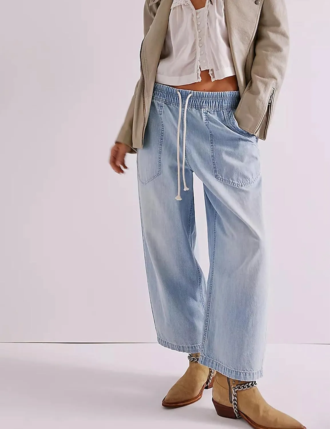 Zontroldy Women's Drawstring Mid Waisted Wide Leg Jeans Loose Fit Straight Leg Denim Pants with Pockets