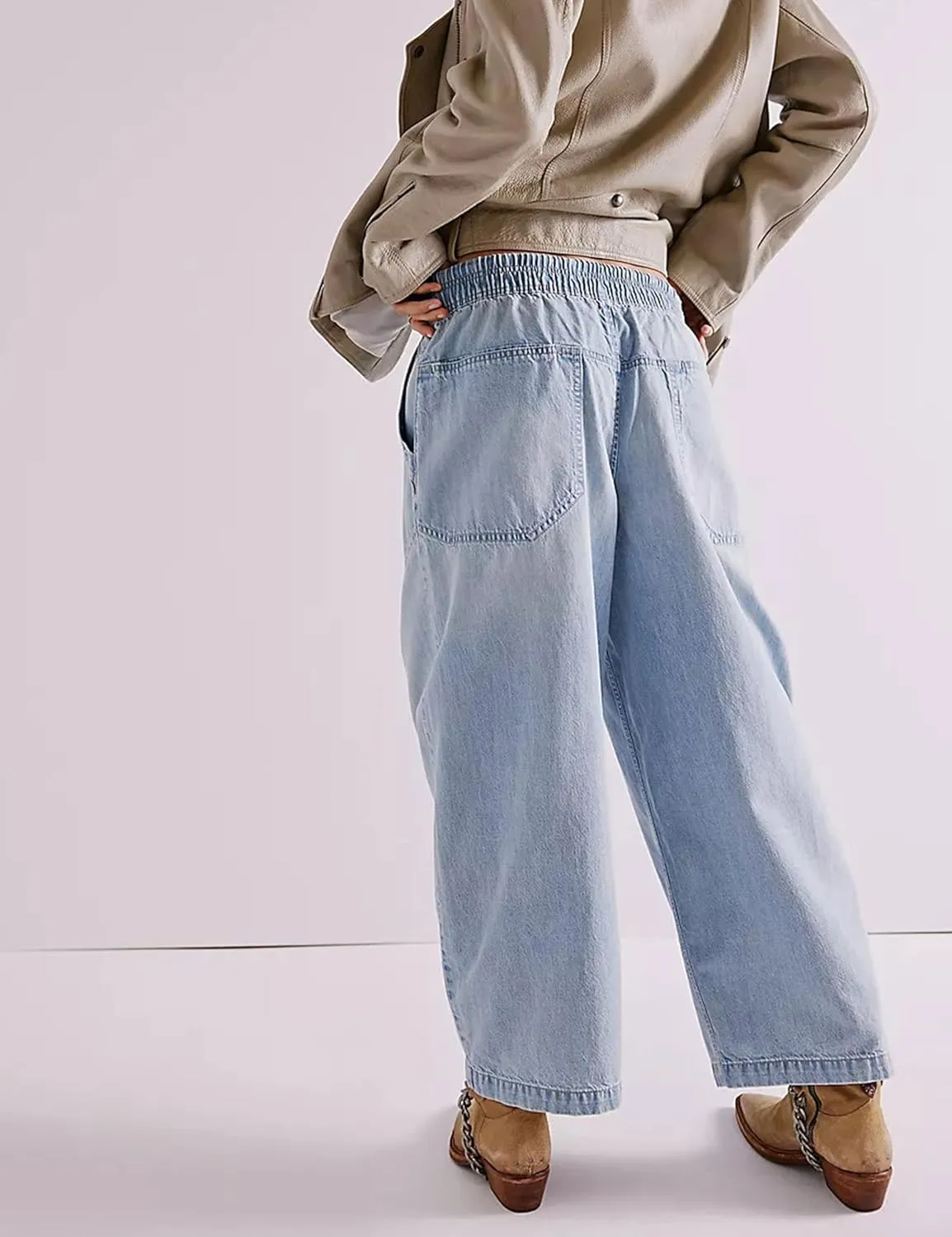 Zontroldy Women's Drawstring Mid Waisted Wide Leg Jeans Loose Fit Straight Leg Denim Pants with Pockets