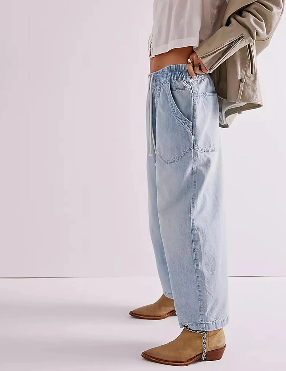 Zontroldy Women's Drawstring Mid Waisted Wide Leg Jeans Loose Fit Straight Leg Denim Pants with Pockets