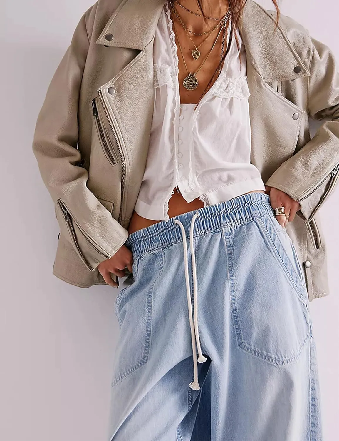 Zontroldy Women's Drawstring Mid Waisted Wide Leg Jeans Loose Fit Straight Leg Denim Pants with Pockets