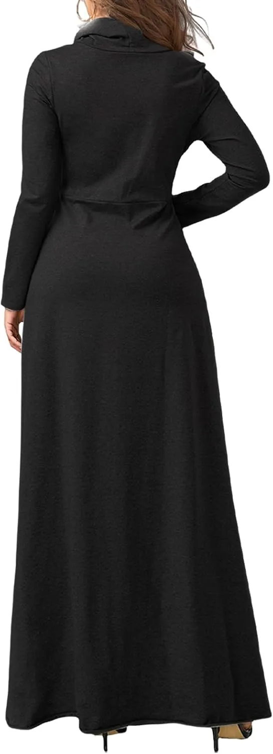 ZWRXW Womens Turtleneck Maxi Dresses Fashion Casual Long Sleeve Fall Winter Elegant Solid Swing Long Dress with Pockets