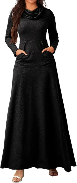 ZWRXW Womens Turtleneck Maxi Dresses Fashion Casual Long Sleeve Fall Winter Elegant Solid Swing Long Dress with Pockets