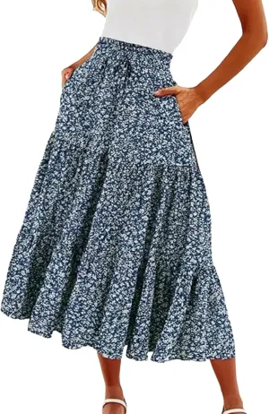 ZYXTIM Women's 2025 Bohemian Long Skirts Tiered Elastic High Waisted Summer Floral Maxi Skirt Vacation Flowy Swing Sundress