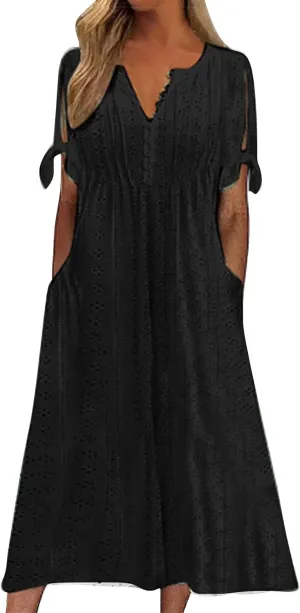 ZYXTIM Womens Eyelet Dress V Neck Short Sleeve Hollow Out Summer Beach Vacation Dresses Swing A Line Vintage Long Dresses