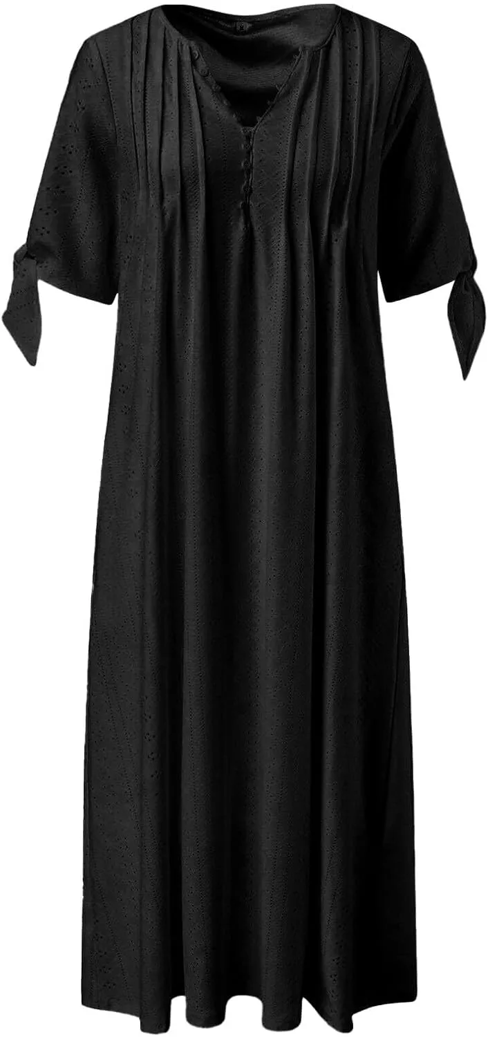 ZYXTIM Womens Eyelet Dress V Neck Short Sleeve Hollow Out Summer Beach Vacation Dresses Swing A Line Vintage Long Dresses