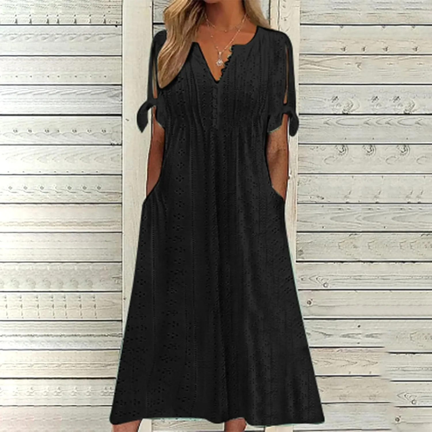 ZYXTIM Womens Eyelet Dress V Neck Short Sleeve Hollow Out Summer Beach Vacation Dresses Swing A Line Vintage Long Dresses