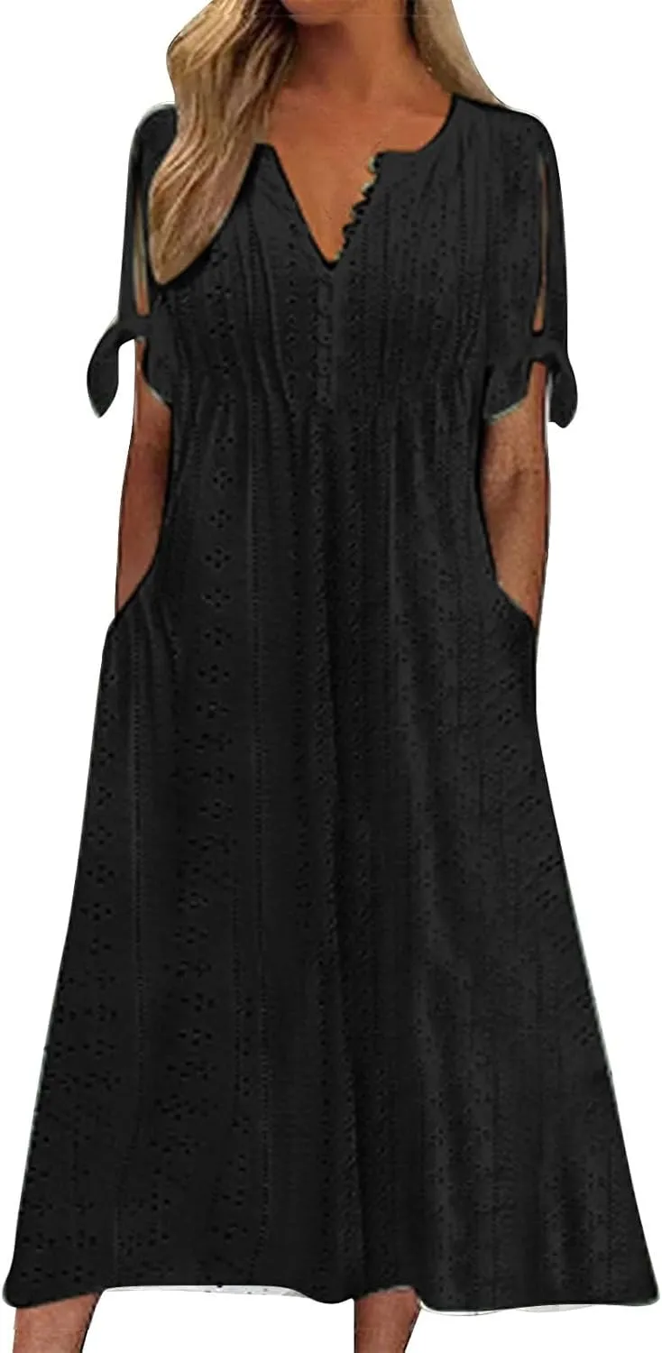 ZYXTIM Womens Eyelet Dress V Neck Short Sleeve Hollow Out Summer Beach Vacation Dresses Swing A Line Vintage Long Dresses