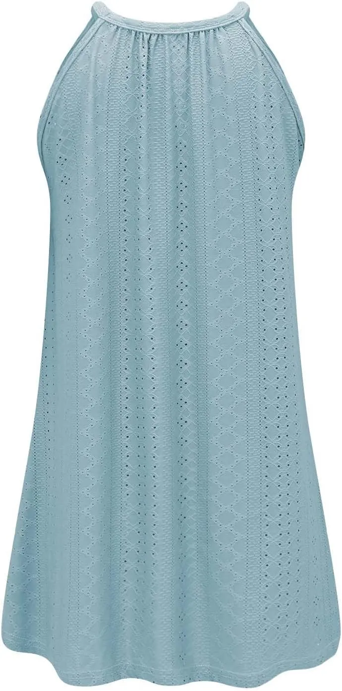 ZYXTIM Women's Eyelet Embroidery Summer Dresses Halter Neck Sleeveless A-Line Ruffle Swing Dresses Beach Resort Wear Dress