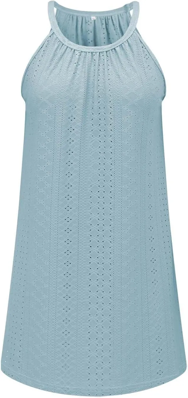 ZYXTIM Women's Eyelet Embroidery Summer Dresses Halter Neck Sleeveless A-Line Ruffle Swing Dresses Beach Resort Wear Dress