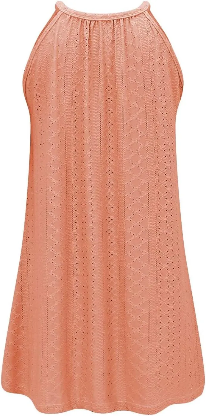 ZYXTIM Women's Eyelet Embroidery Summer Dresses Halter Neck Sleeveless A-Line Ruffle Swing Dresses Beach Resort Wear Dress