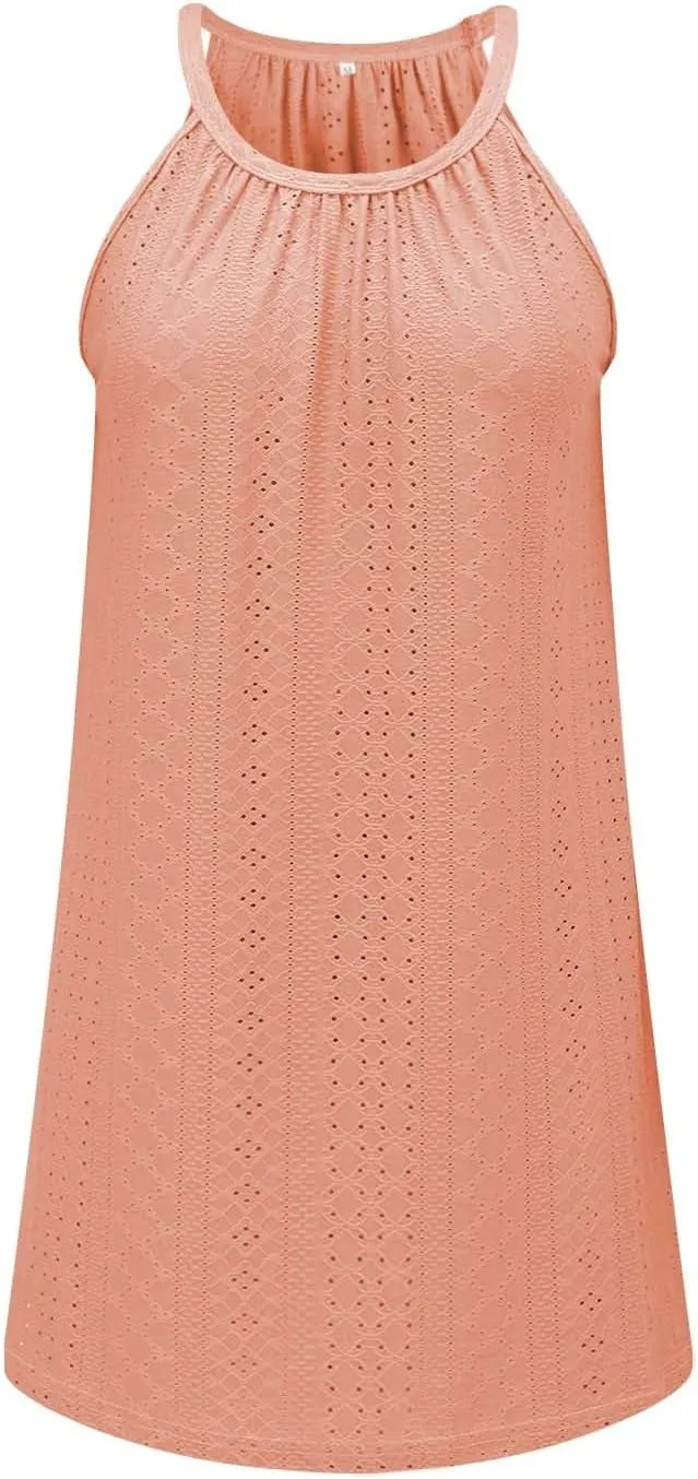 ZYXTIM Women's Eyelet Embroidery Summer Dresses Halter Neck Sleeveless A-Line Ruffle Swing Dresses Beach Resort Wear Dress