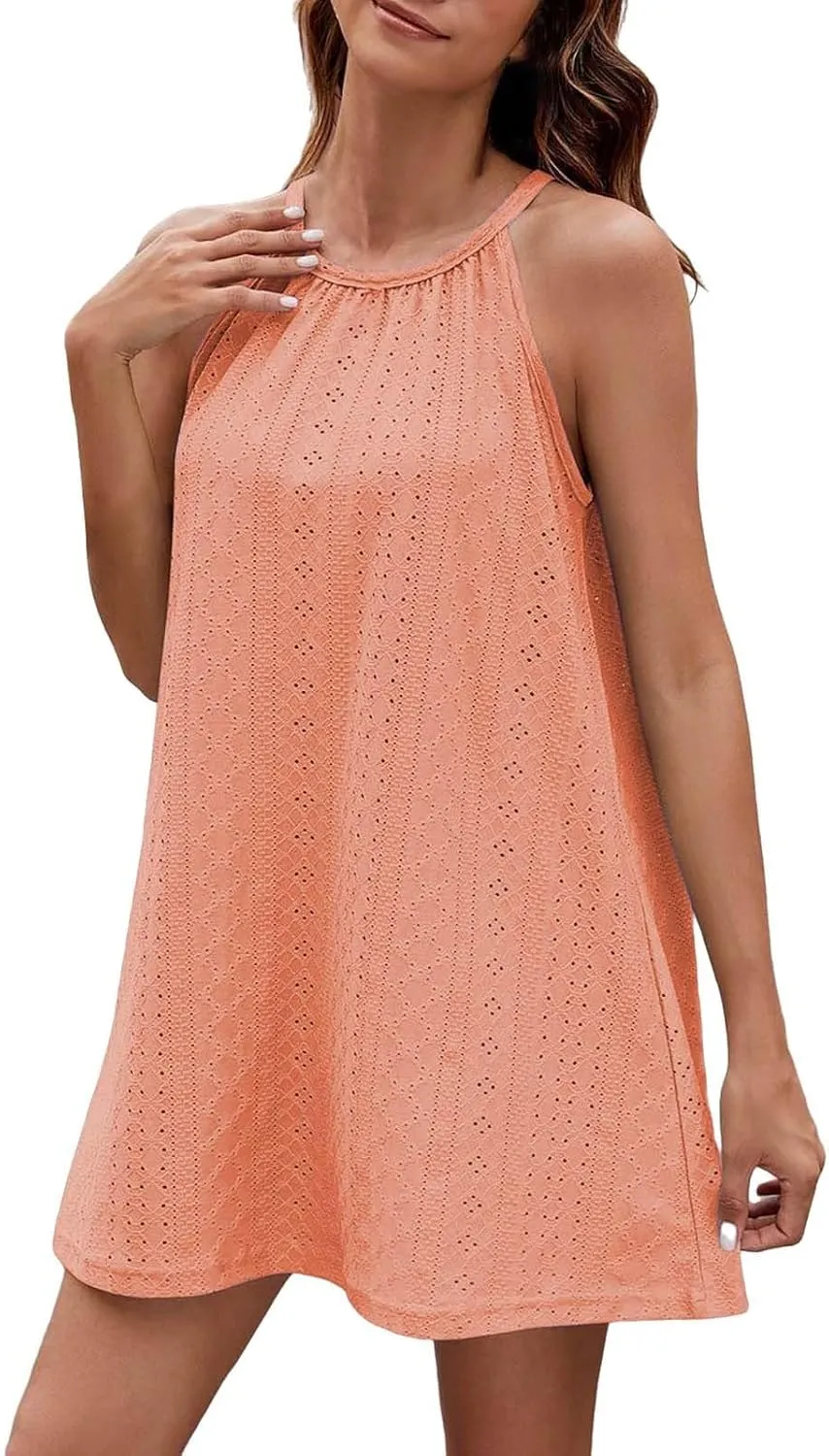 ZYXTIM Women's Eyelet Embroidery Summer Dresses Halter Neck Sleeveless A-Line Ruffle Swing Dresses Beach Resort Wear Dress