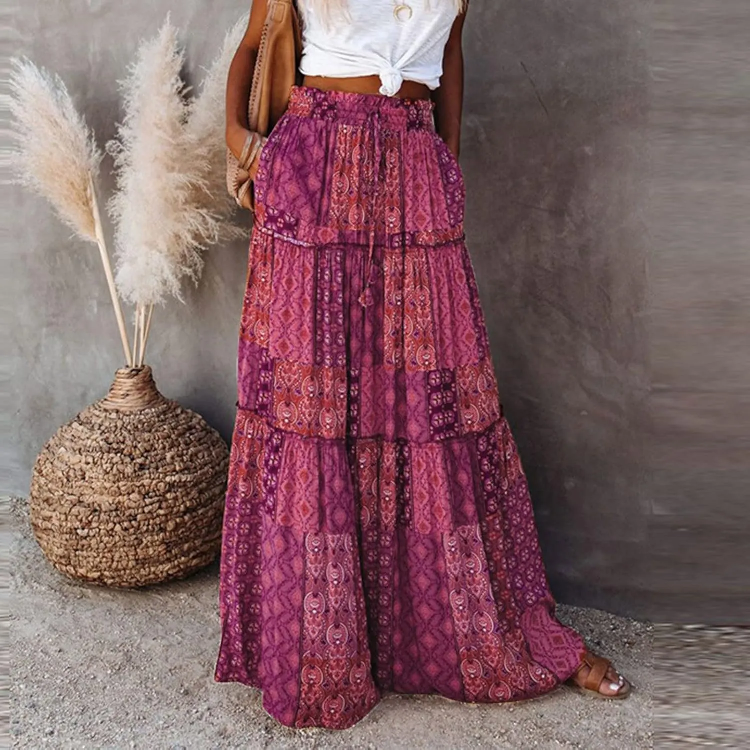ZYXTIM Womens Flowy Boho Maxi Skirt Tiered Elastic High Waist Pleated Long Skirts Summer Hawaiian Resort Wear for Lady