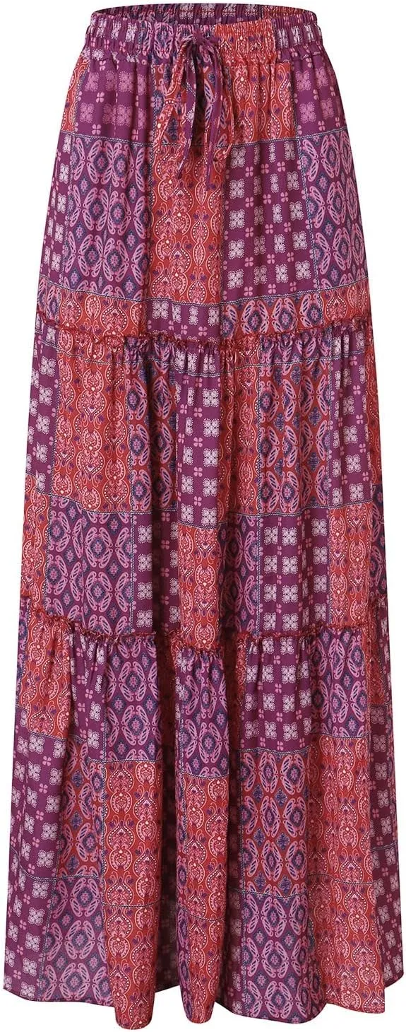 ZYXTIM Womens Flowy Boho Maxi Skirt Tiered Elastic High Waist Pleated Long Skirts Summer Hawaiian Resort Wear for Lady