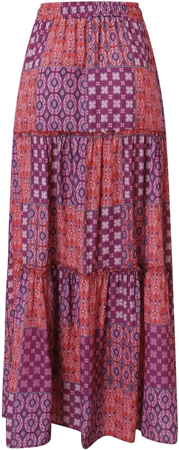 ZYXTIM Womens Flowy Boho Maxi Skirt Tiered Elastic High Waist Pleated Long Skirts Summer Hawaiian Resort Wear for Lady
