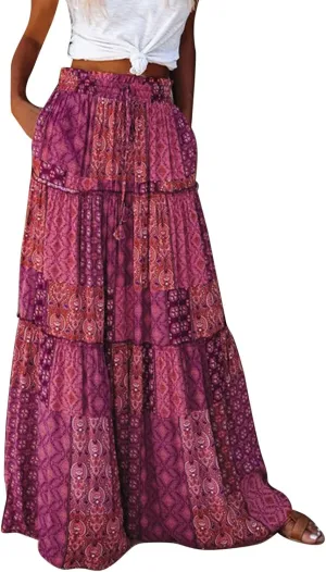 ZYXTIM Womens Flowy Boho Maxi Skirt Tiered Elastic High Waist Pleated Long Skirts Summer Hawaiian Resort Wear for Lady
